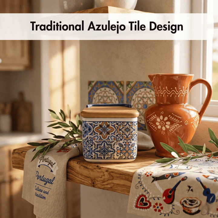 Decorative kitchen scene with a traditional Azulejo tile design on a container and pitcher.