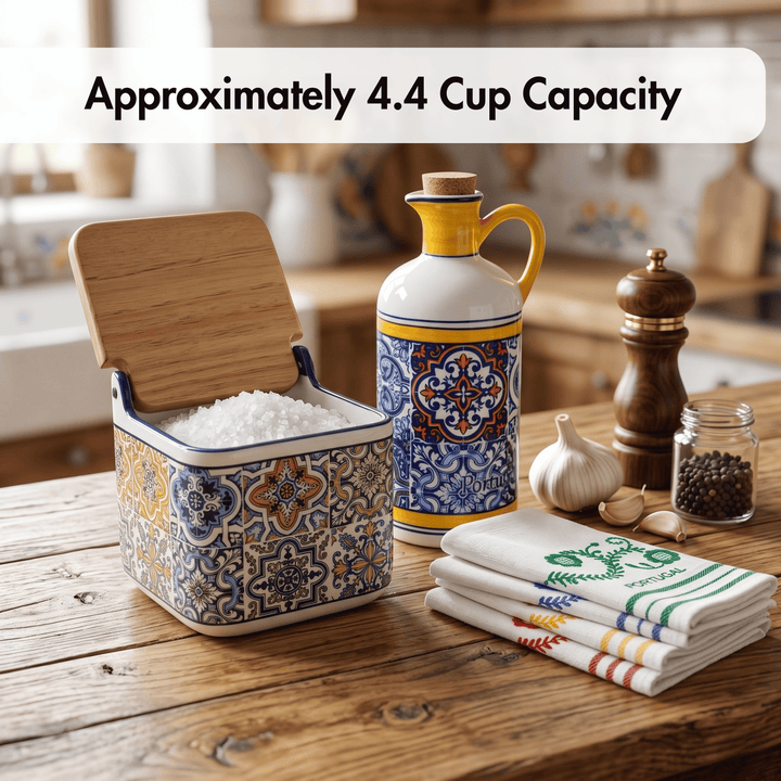 Decorative kitchen items including a salt container, olive oil bottle, and pepper grinder on a wooden table.