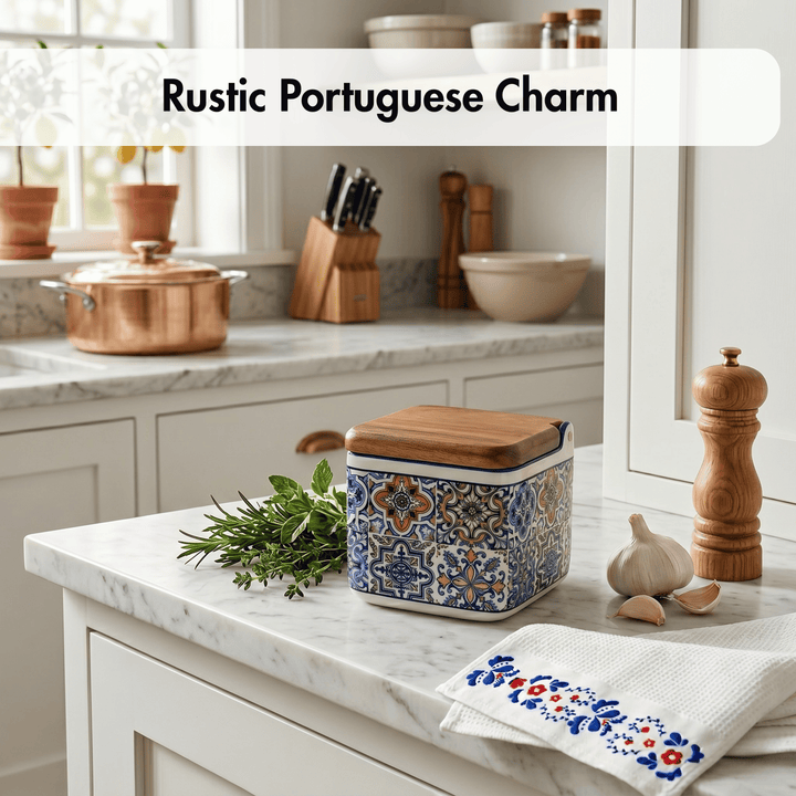 Decorative kitchen scene with a patterned container, herbs, and a towel on a marble countertop.