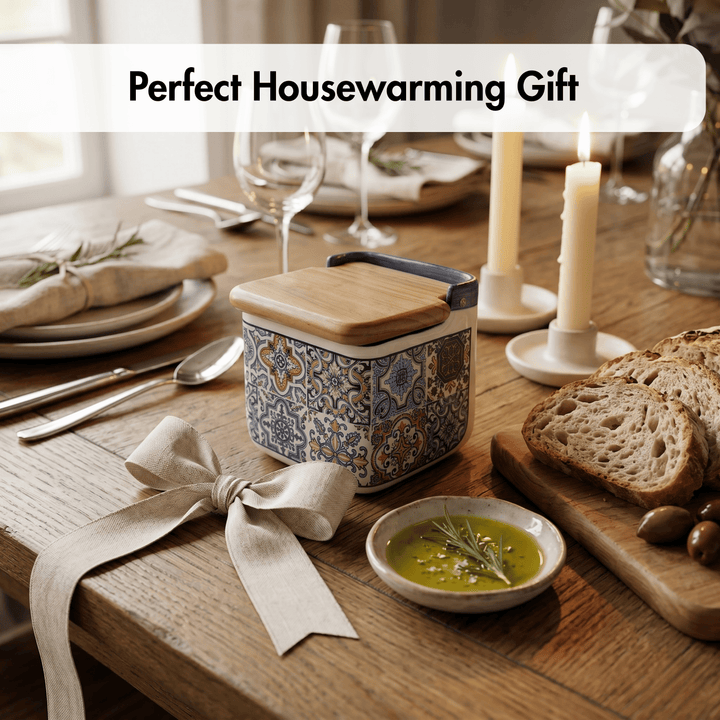 Decorative container with a wooden lid on a table set for a meal, labeled as a perfect housewarming gift.