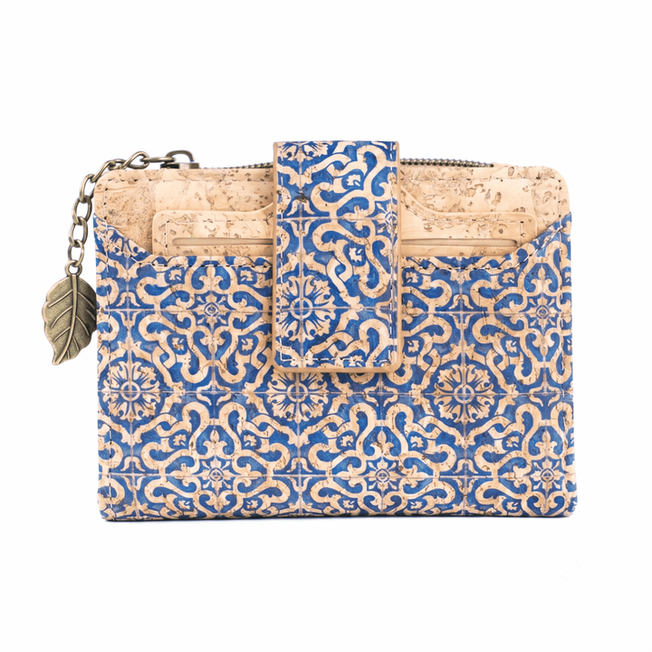 Blue and beige patterned clutch bag with cork accents on a white background