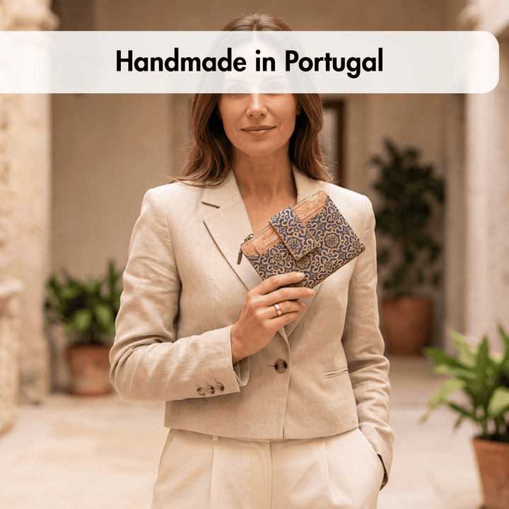 Woman holding a cork wallet  with 'Handmade in Portugal' text above her.