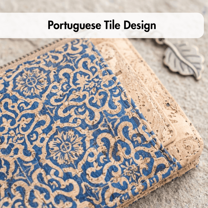 Cork wallet with Portuguese tile design on a textured surface