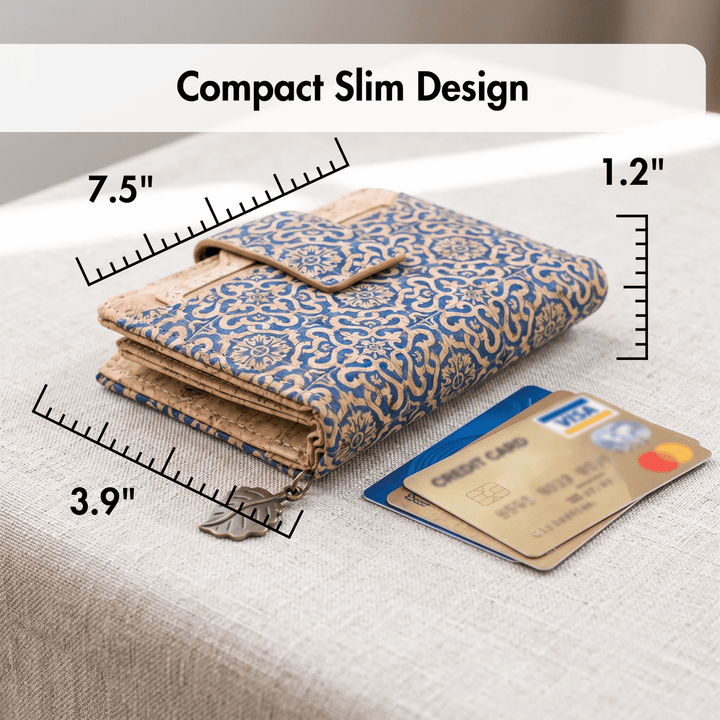 Compact slim design cork wallet with measurements and cards on a fabric background