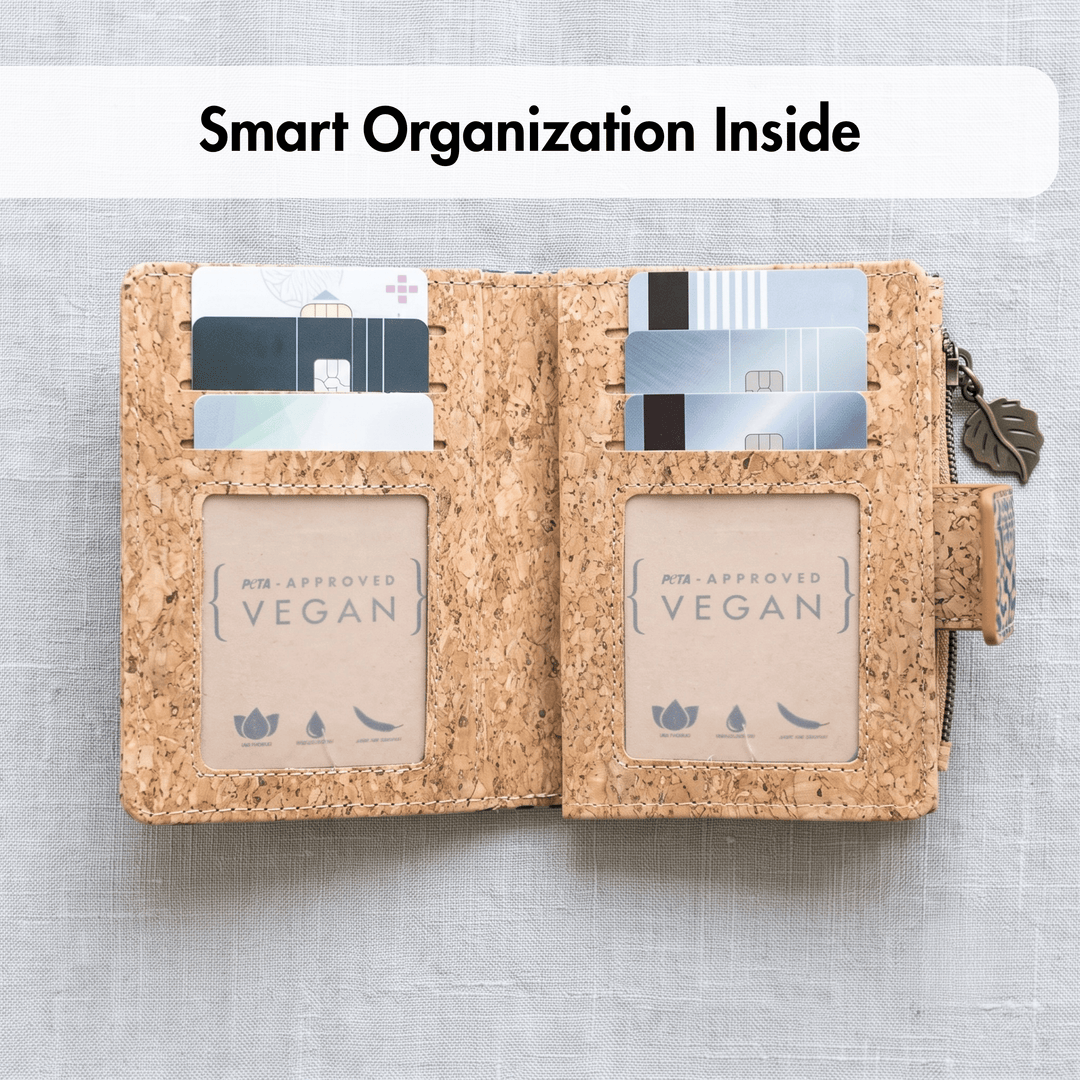 Cork wallet with card slots and vegan label on a textured gray background