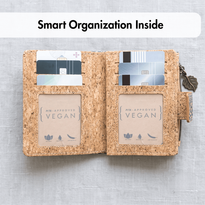 Cork wallet with card slots and vegan label on a textured gray background