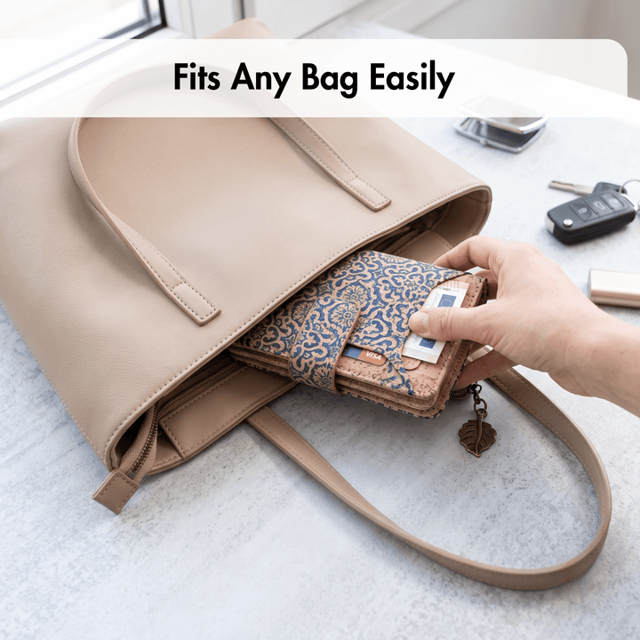 Hand placing a patterned cork wallet into a beige bag with text 'Fits Any Bag Easily'.