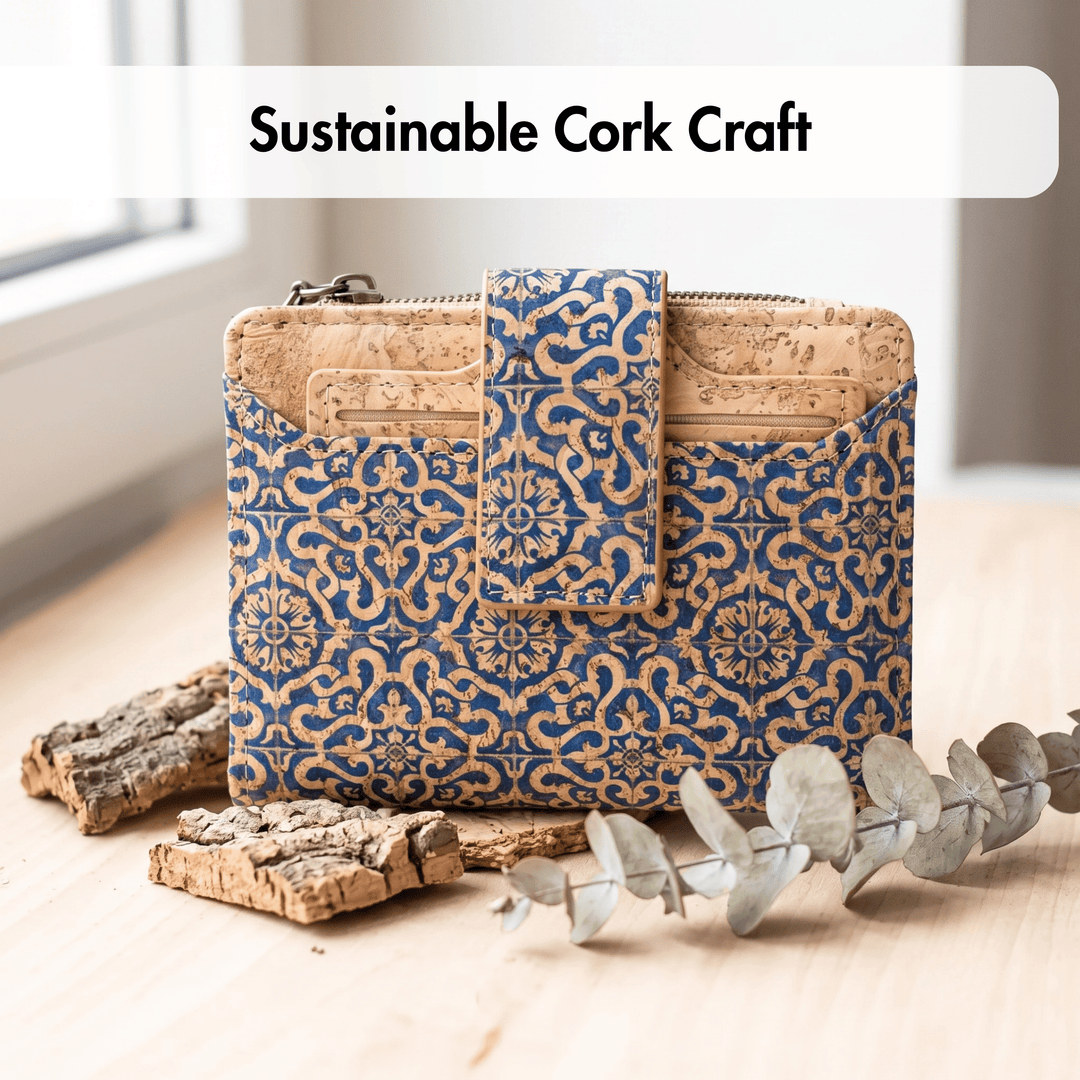 Cork handbag with blue pattern on a light surface, surrounded by natural elements.