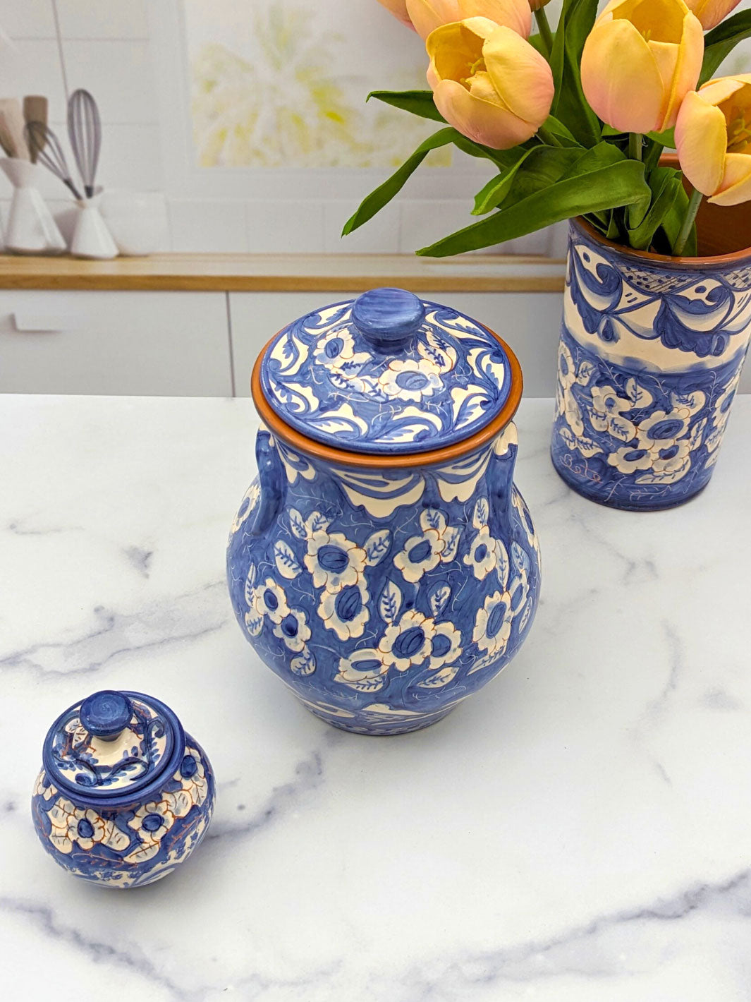 Blue & White Vintage Floral Ceramic Kitchen Canisters - Set of 2