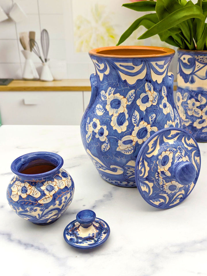 Blue & White Vintage Floral Ceramic Kitchen Canisters - Set of 2
