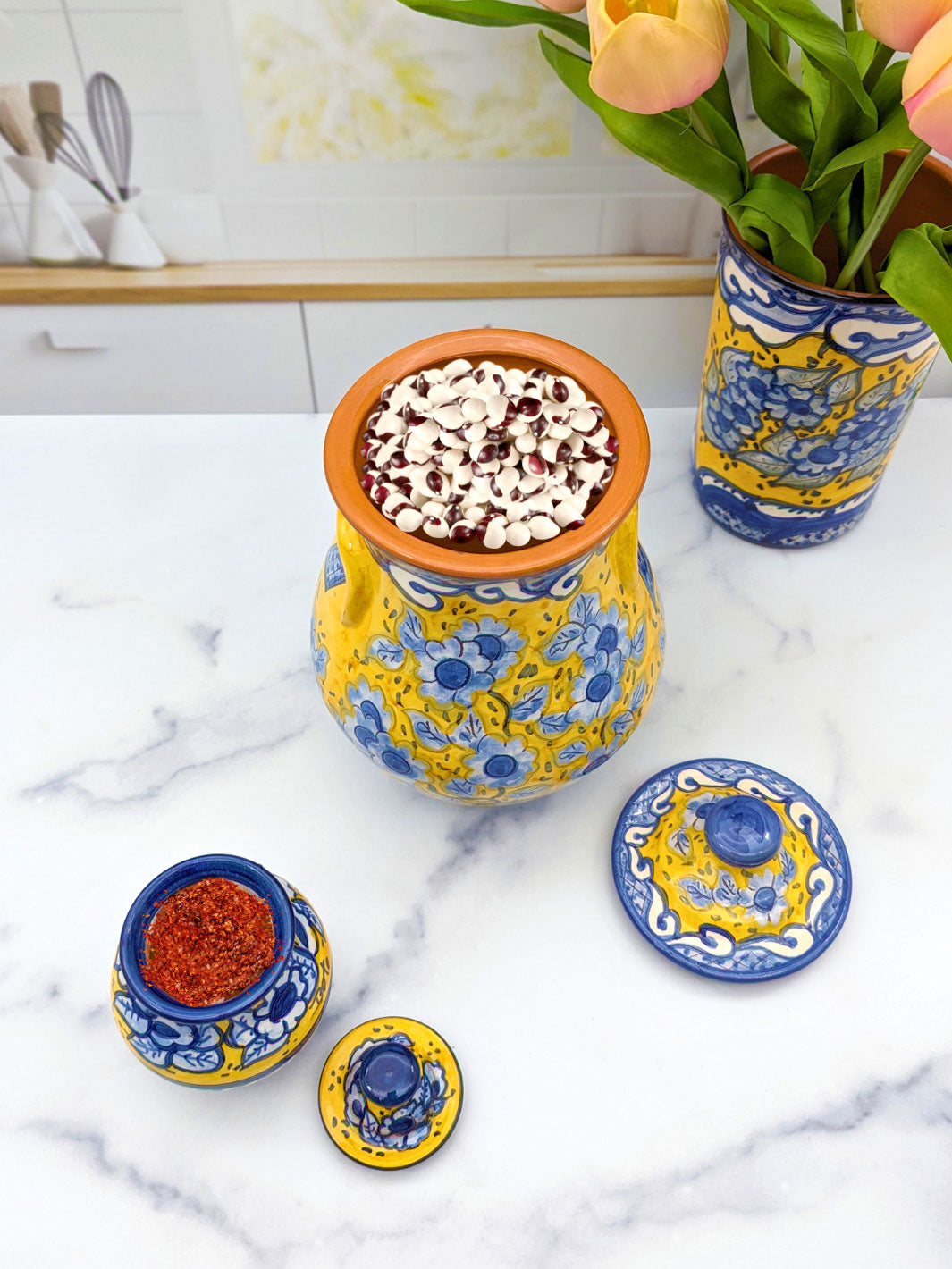 Blue & Yellow Vintage Floral Ceramic Kitchen Canisters - Set of 2