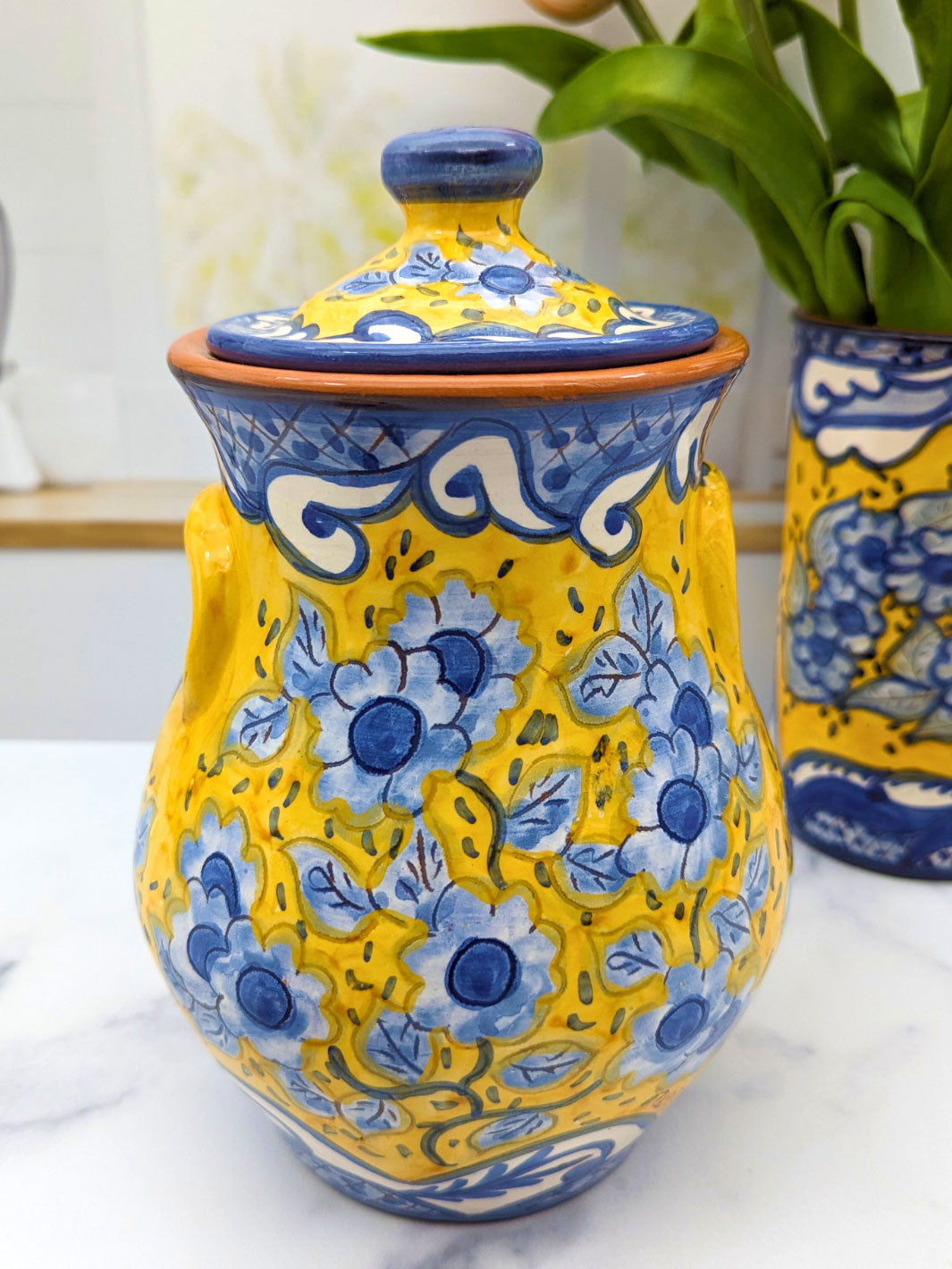 Blue & Yellow Vintage Floral Ceramic Kitchen Canisters - Set of 2