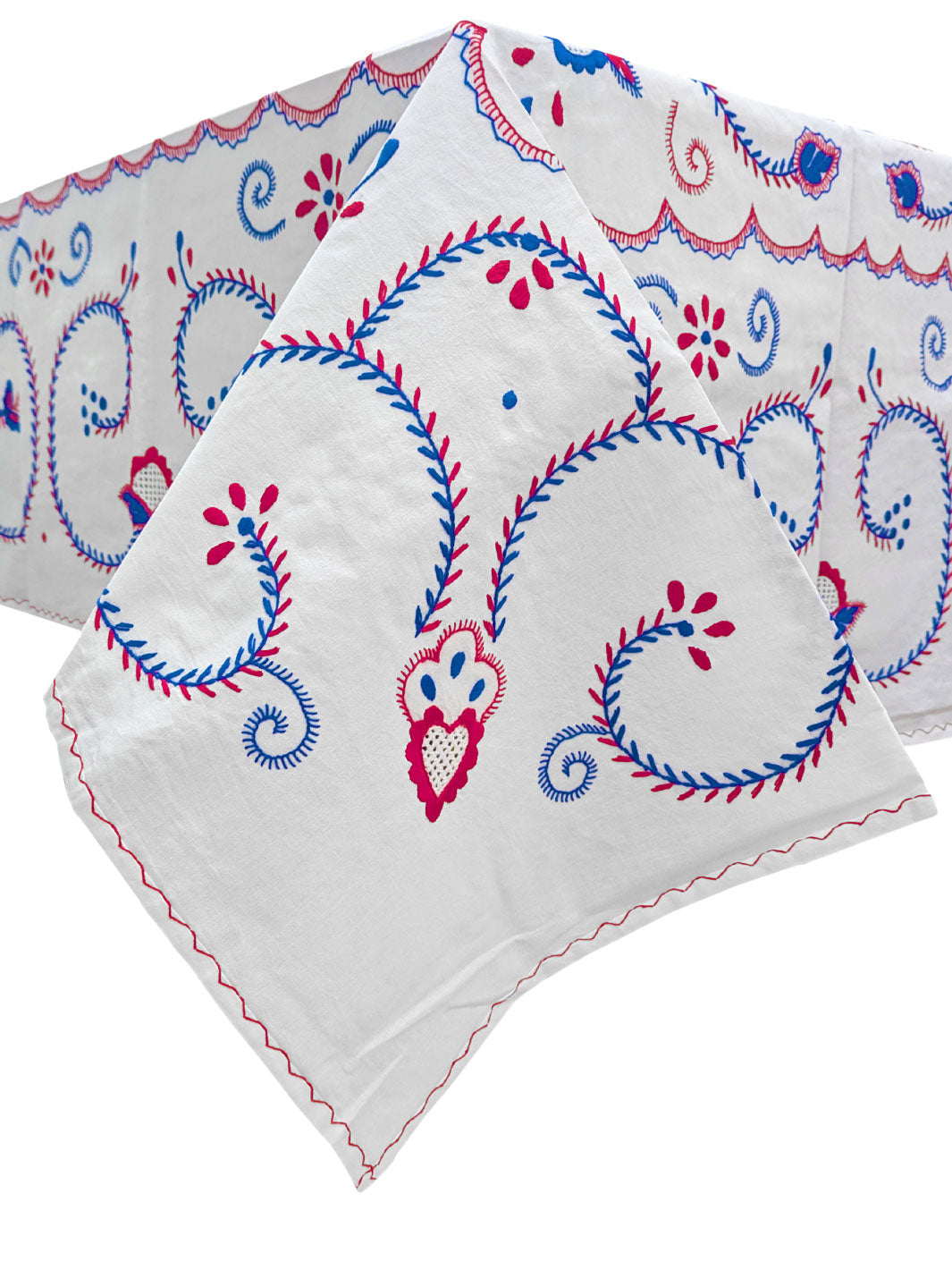 Blue and Red Hand Embroidered Viana Tablecloth with 6 Napkins