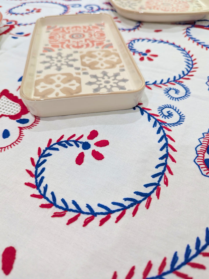 Blue and Red Hand Embroidered Viana Tablecloth with 6 Napkins