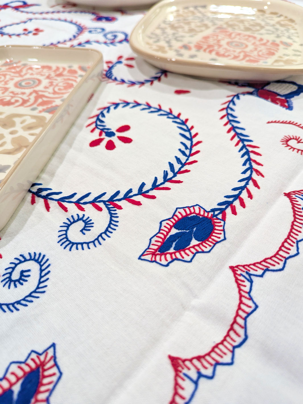 Blue and Red Hand Embroidered Viana Tablecloth with 6 Napkins