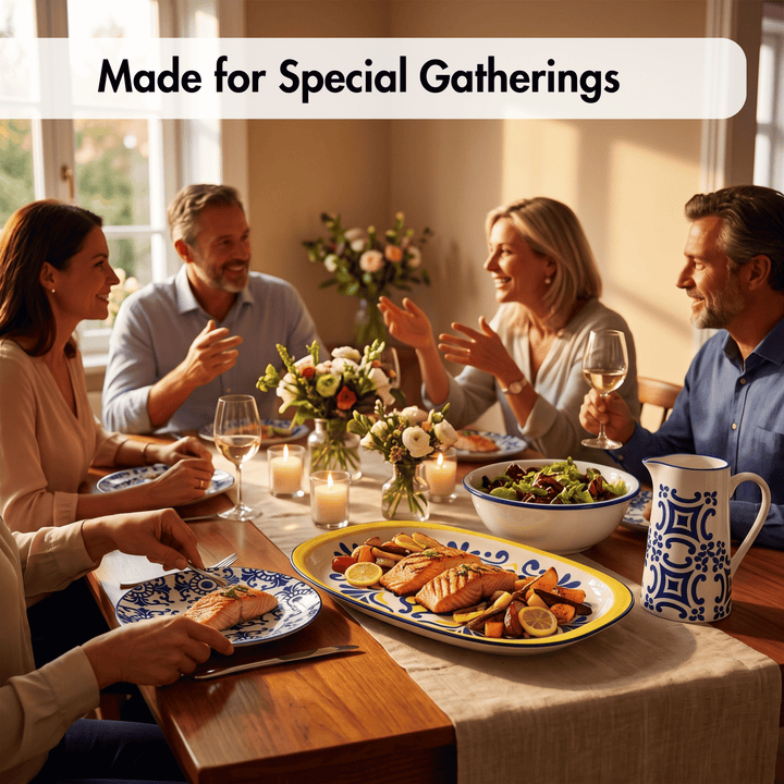 A family gathered around a dining table in a warmly lit room, sharing a meal with plates, glasses, flowers, and a large platter of salmon. A white banner at the top reads &