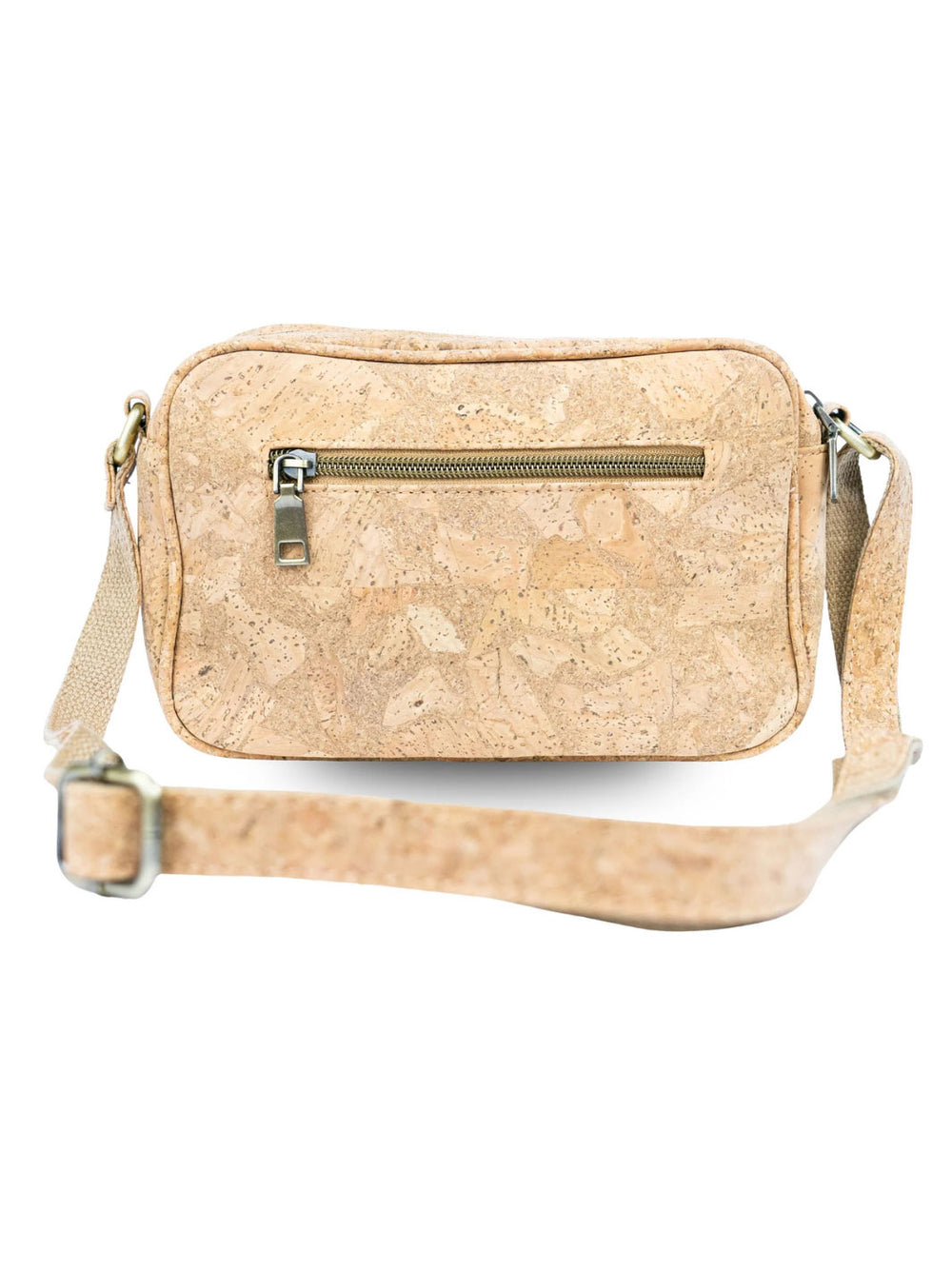 Beige cork crossbody bag with a strap on a white background