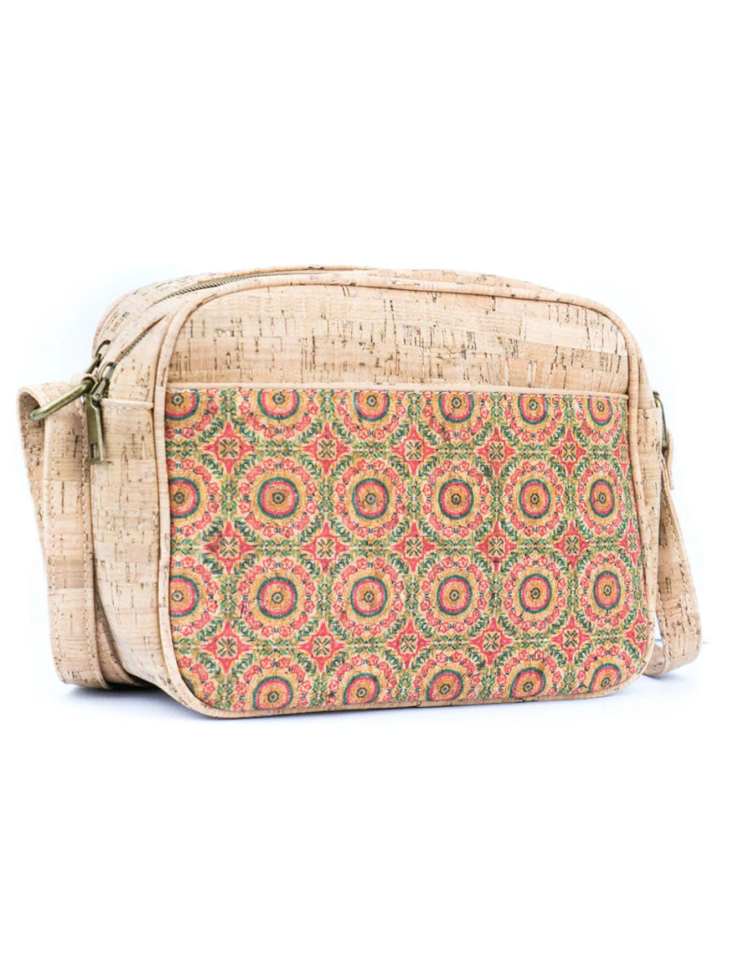Cork bag with a colorful geometric pattern on a white background