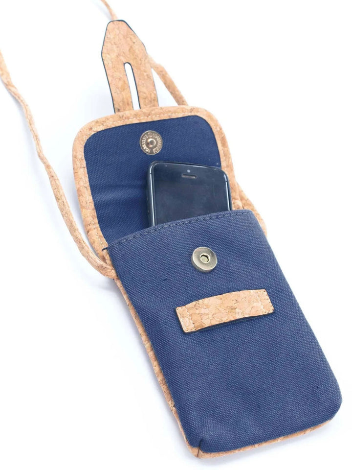 Blue pouch with cork accents containing a smartphone on a white background