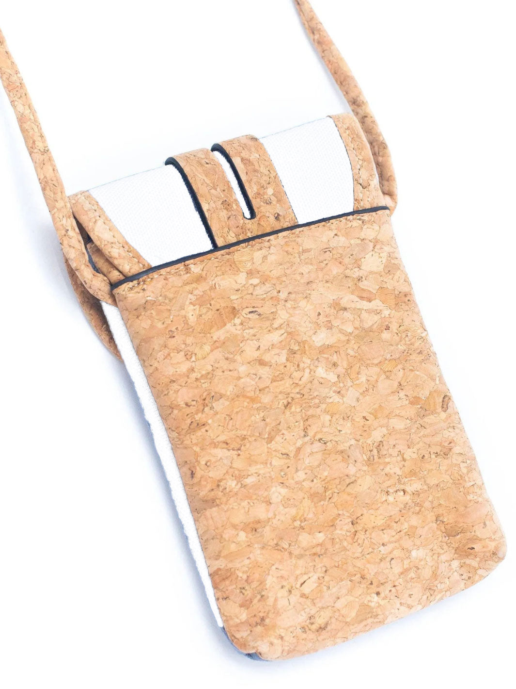 Cork phone case with a strap on a white background