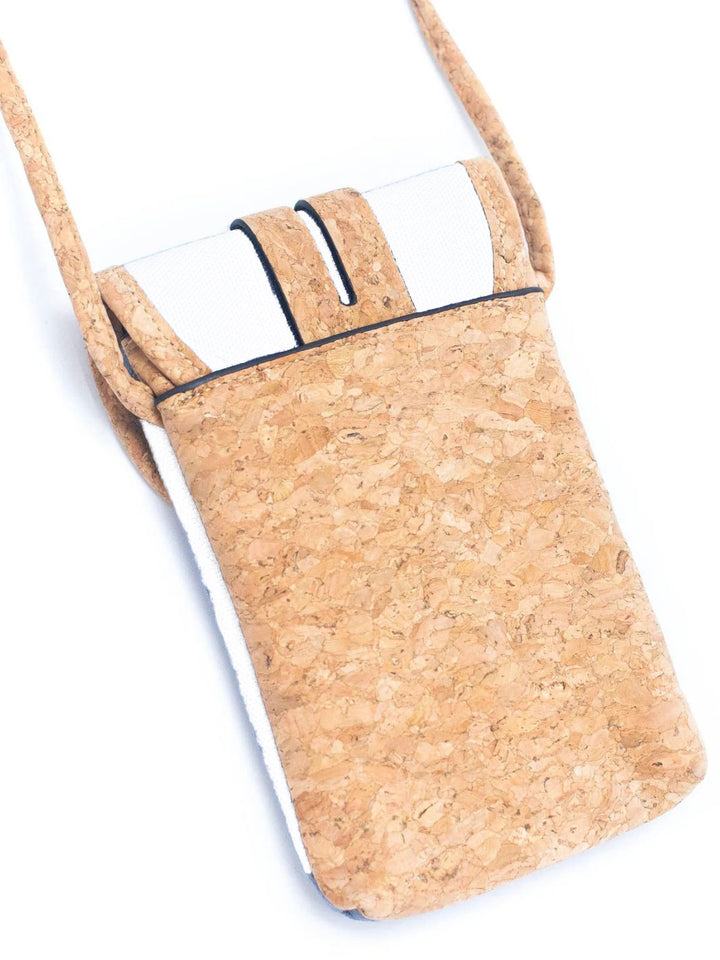 Cork phone case with a strap on a white background