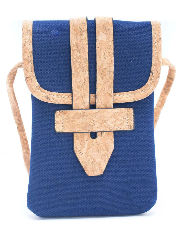 Blue pouch with cork strap on a white background