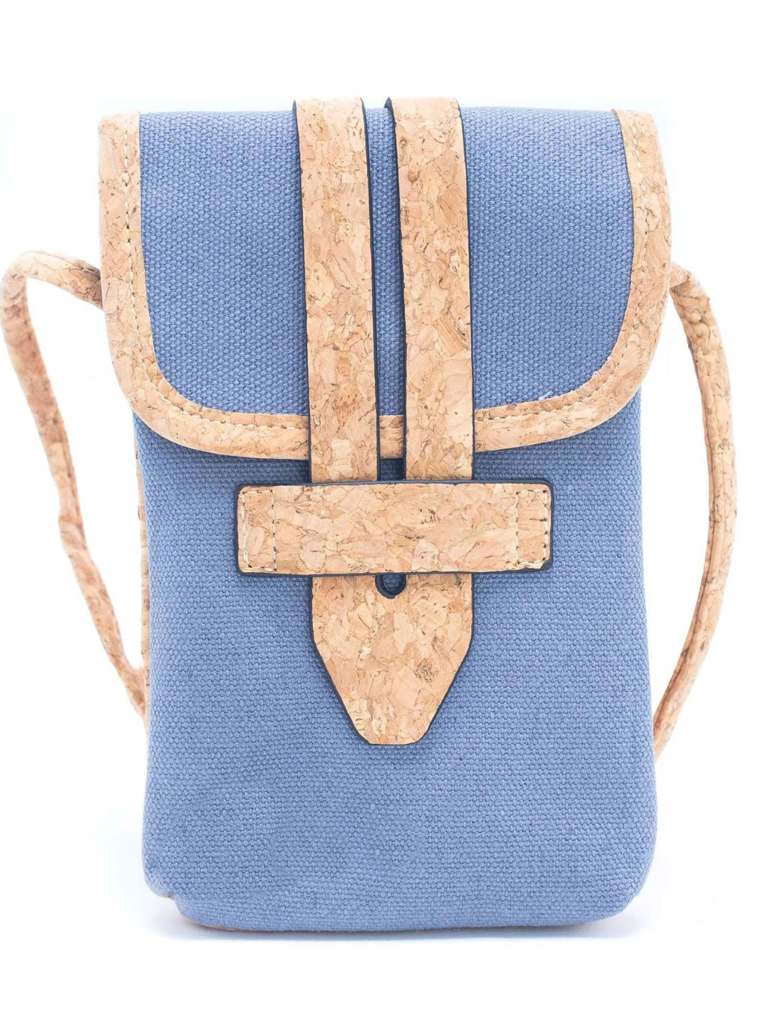 Blue pouch with cork strap on a white background