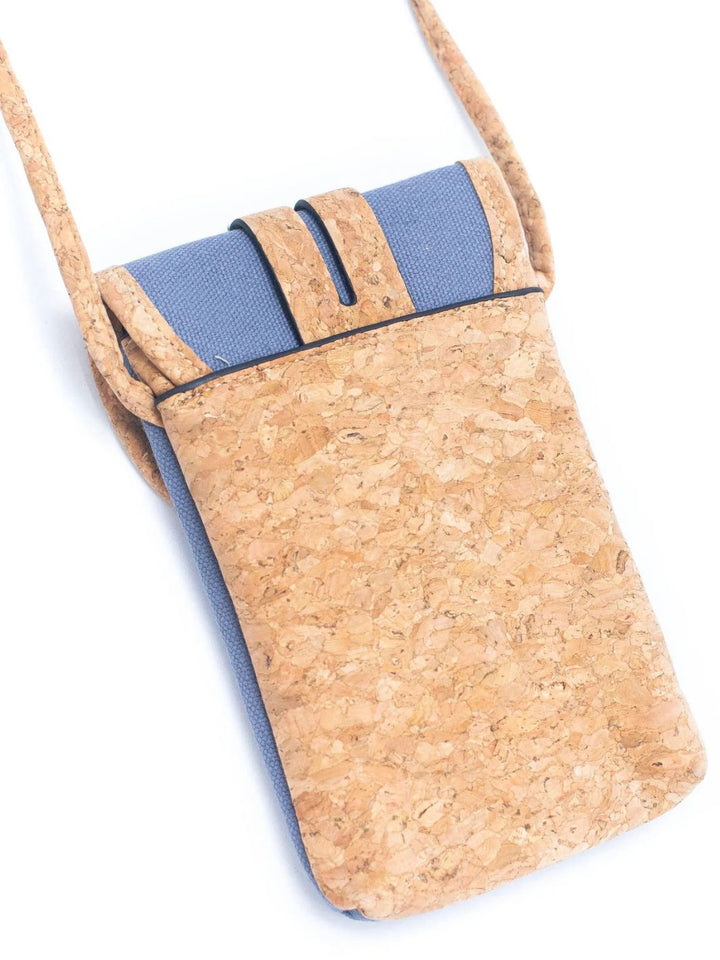 Cork phone pouch with blue interior on a white background