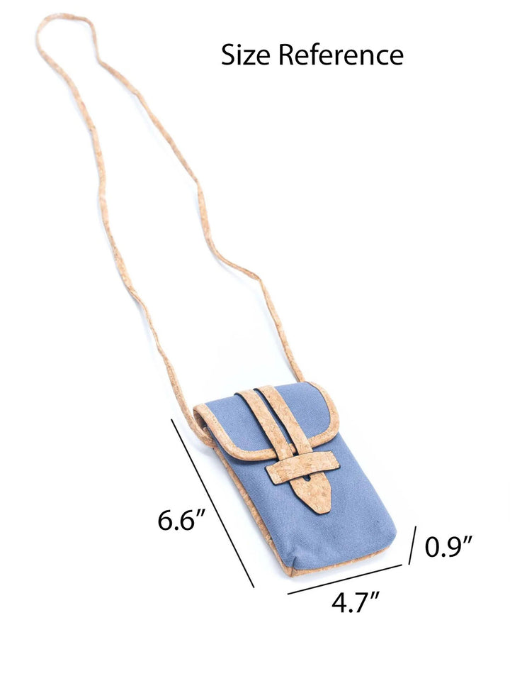 Blue crossbody bag with measurements on a white background