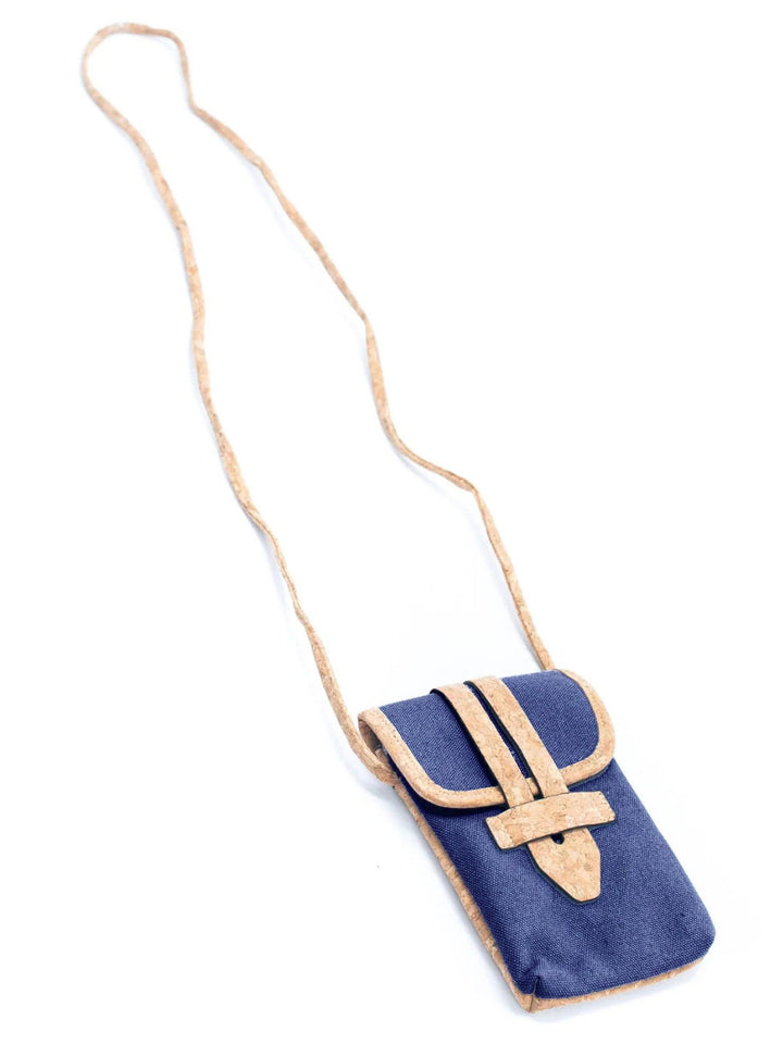 Blue pouch with beige strap on a white background