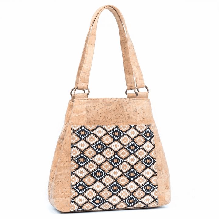Cork handbag with a geometric pattern on a white background