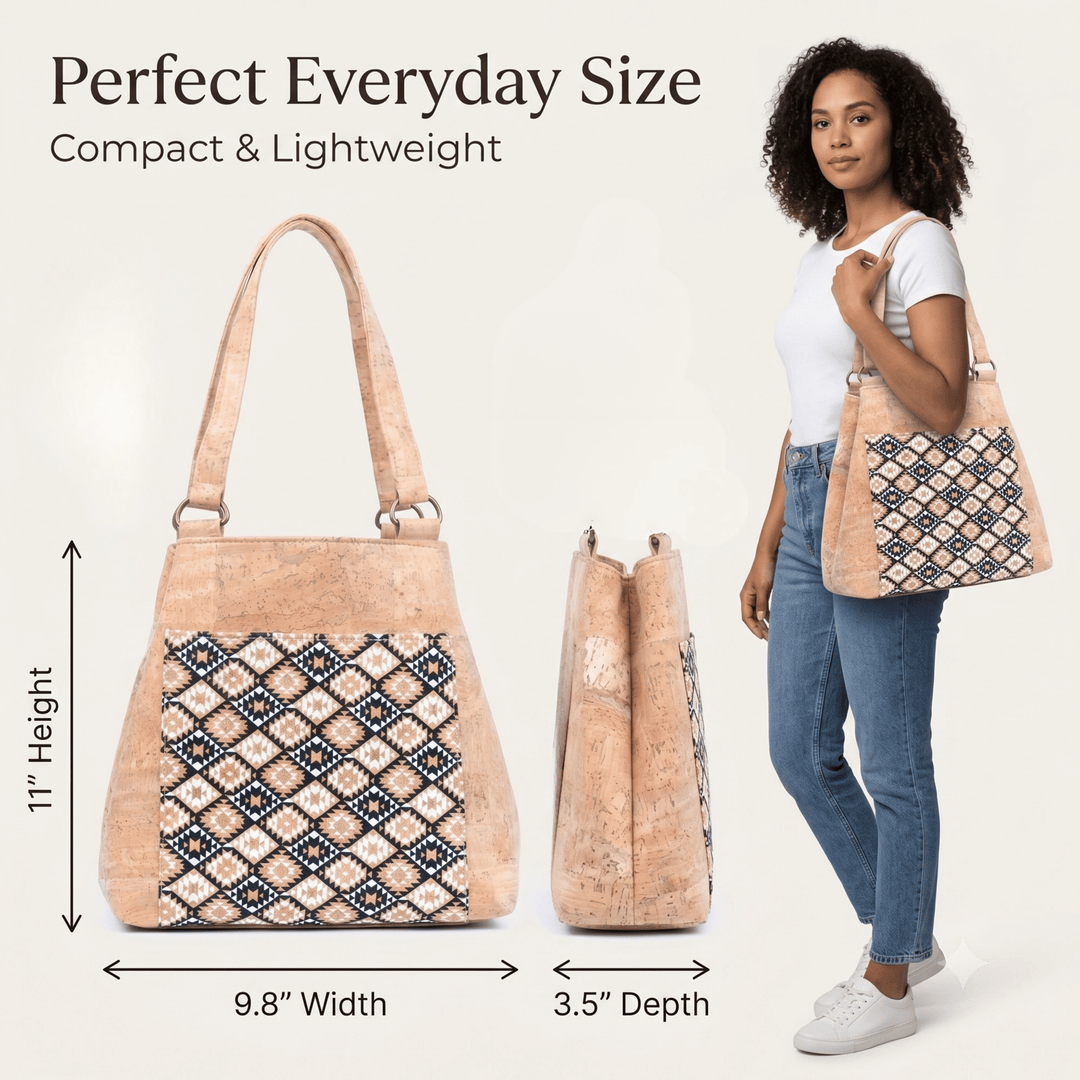 Cork handbag with geometric pattern, shown with measurements and a person holding it.