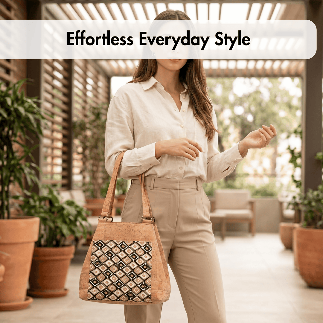 Woman holding a patterned cork handbag in an outdoor setting with plants and furniture.