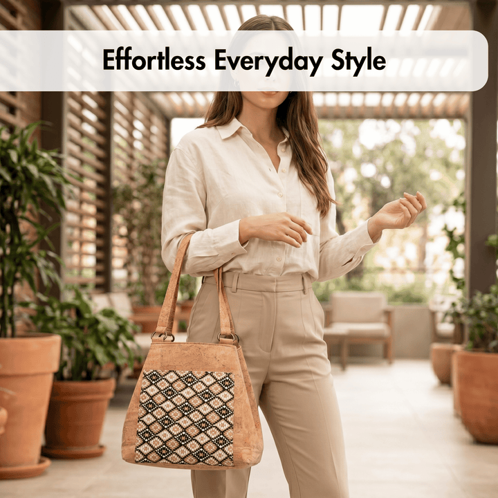 Woman holding a patterned cork handbag in an outdoor setting with plants and furniture.