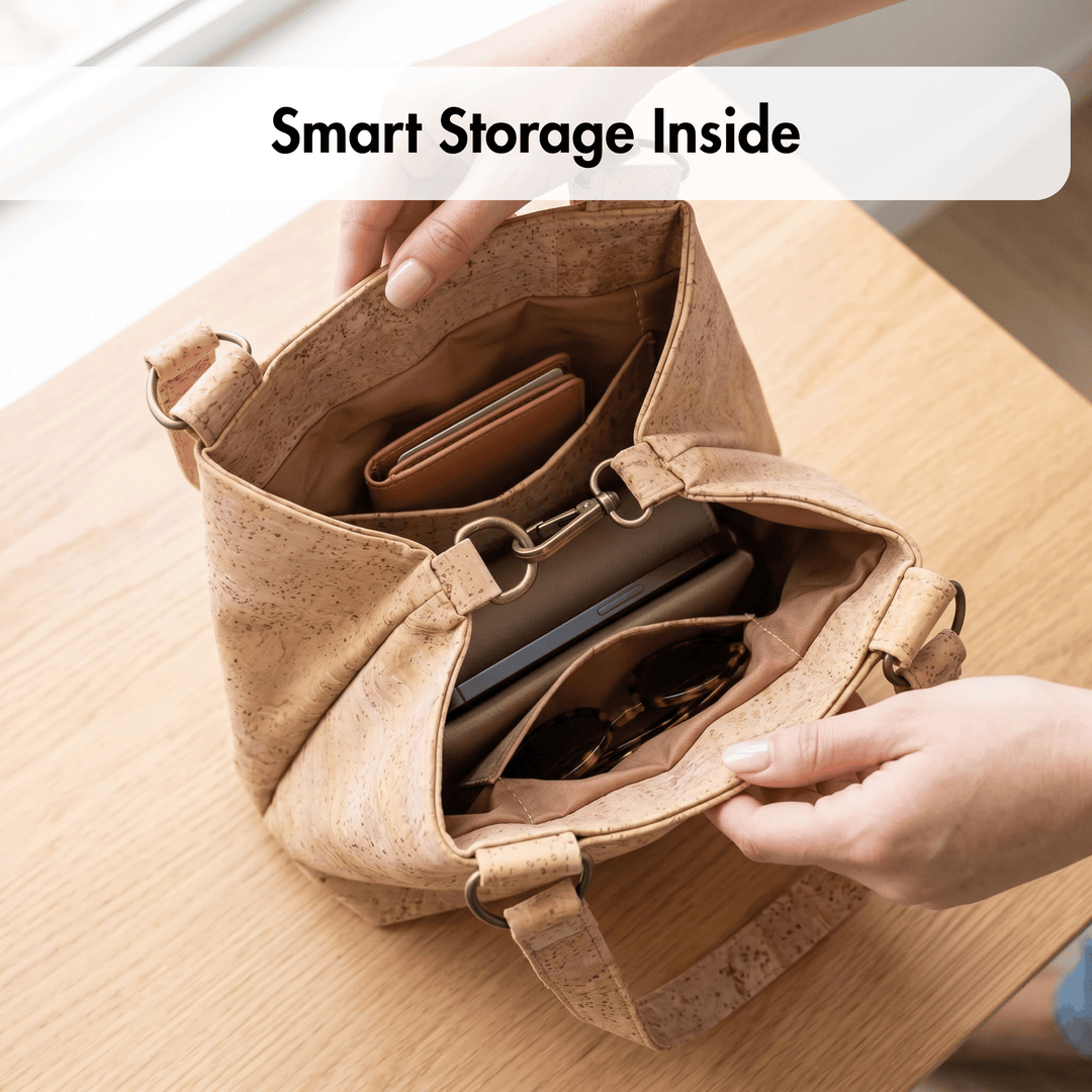 Cork handbag with compartments on a wooden surface, labeled 'Smart Storage Inside'.