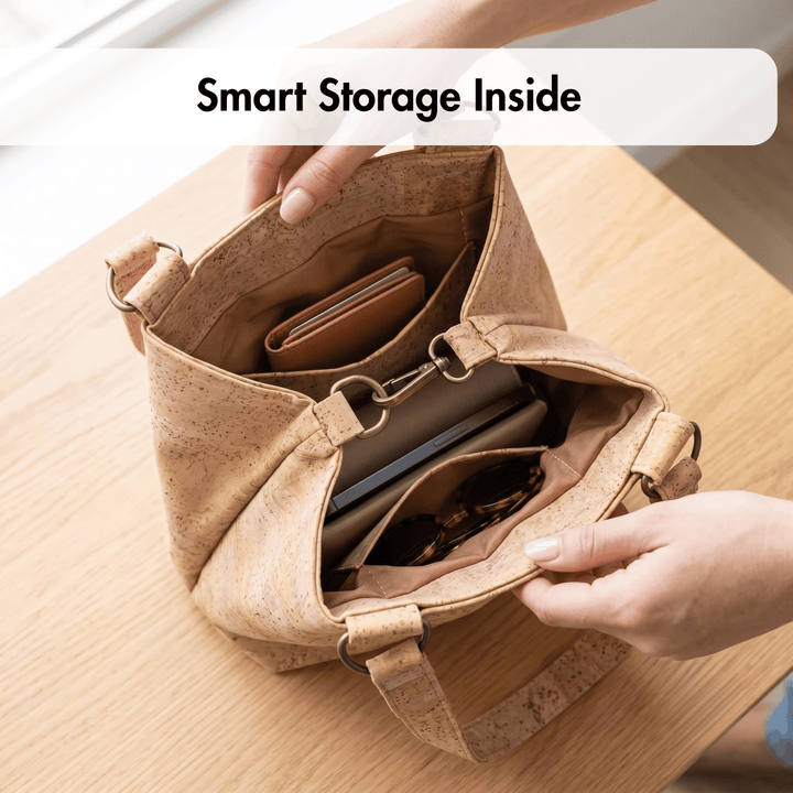 Cork handbag with compartments on a wooden surface, labeled 'Smart Storage Inside'.