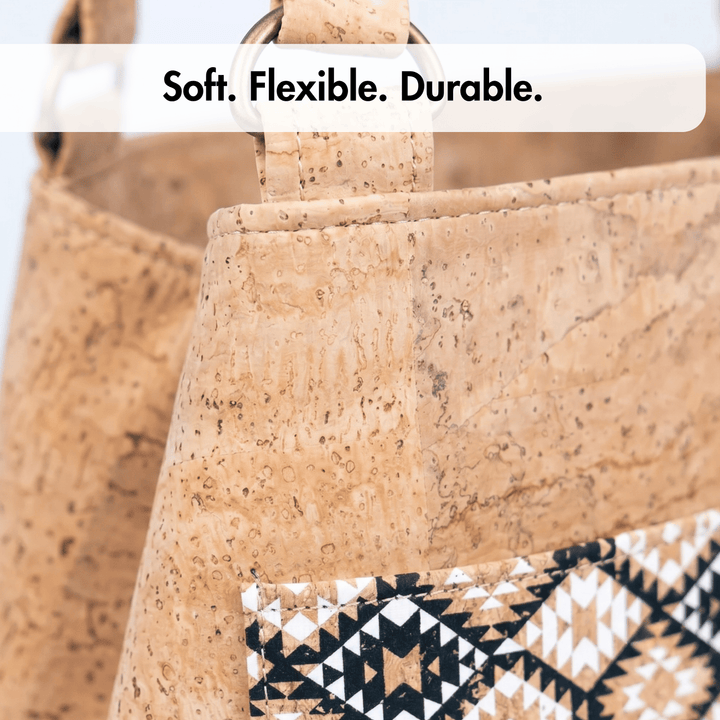 Cork tote bag with geometric pattern and text 'Soft. Flexible. Durable.'