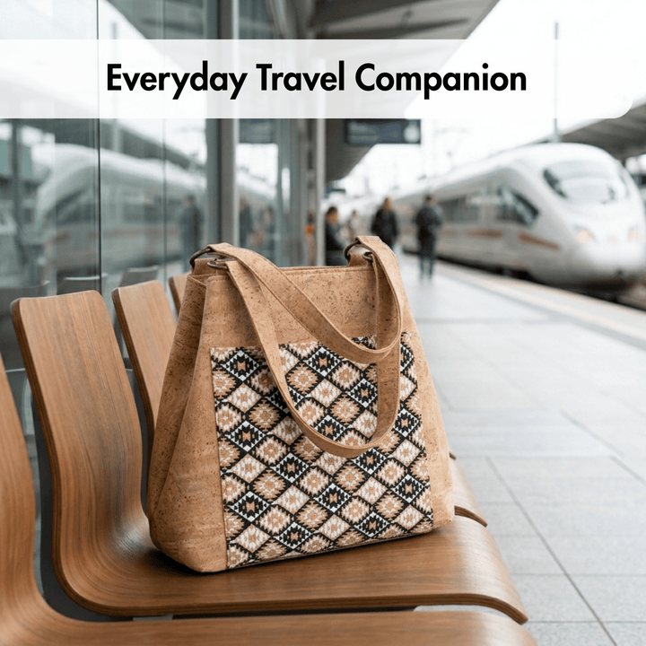 Cork handbag with diamond pattern on a wooden bench at a train station.