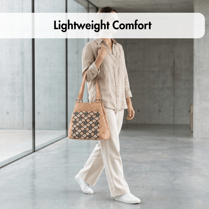 Person walking with a cork handbag in an indoor setting, with 'Lightweight Comfort' text overlay.