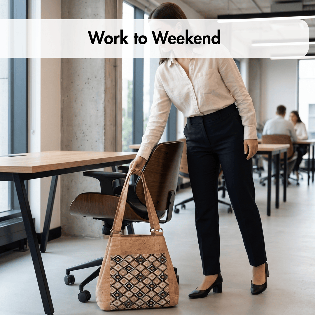 Woman in a professional setting with a cork handbag, text 'Work to Weekend' above.
