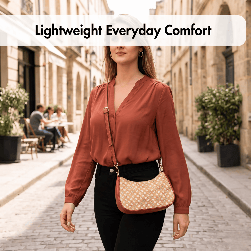 Woman walking down a street holding a cork handbag with text 'Lightweight Everyday Comfort'.