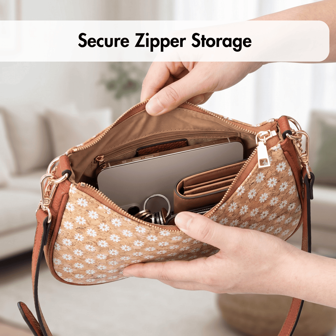 Person opening a cork handbag with floral pattern, showing secure zipper storage.