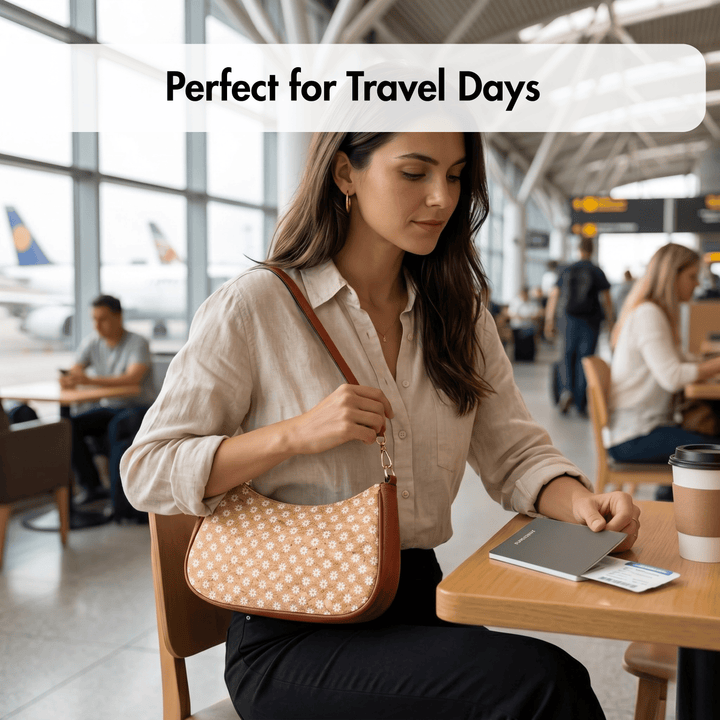 Woman sitting at an airport table with a floral cork handbag, text 'Perfect for Travel Days'.
