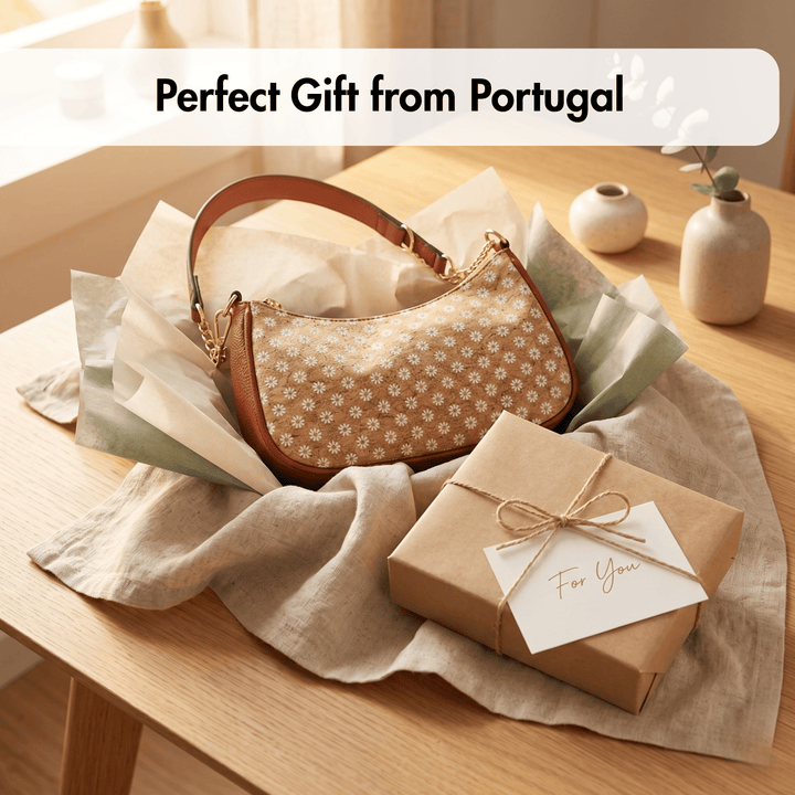 Patterned cork handbag and gift box on a wooden table with 'Perfect Gift from Portugal' text.