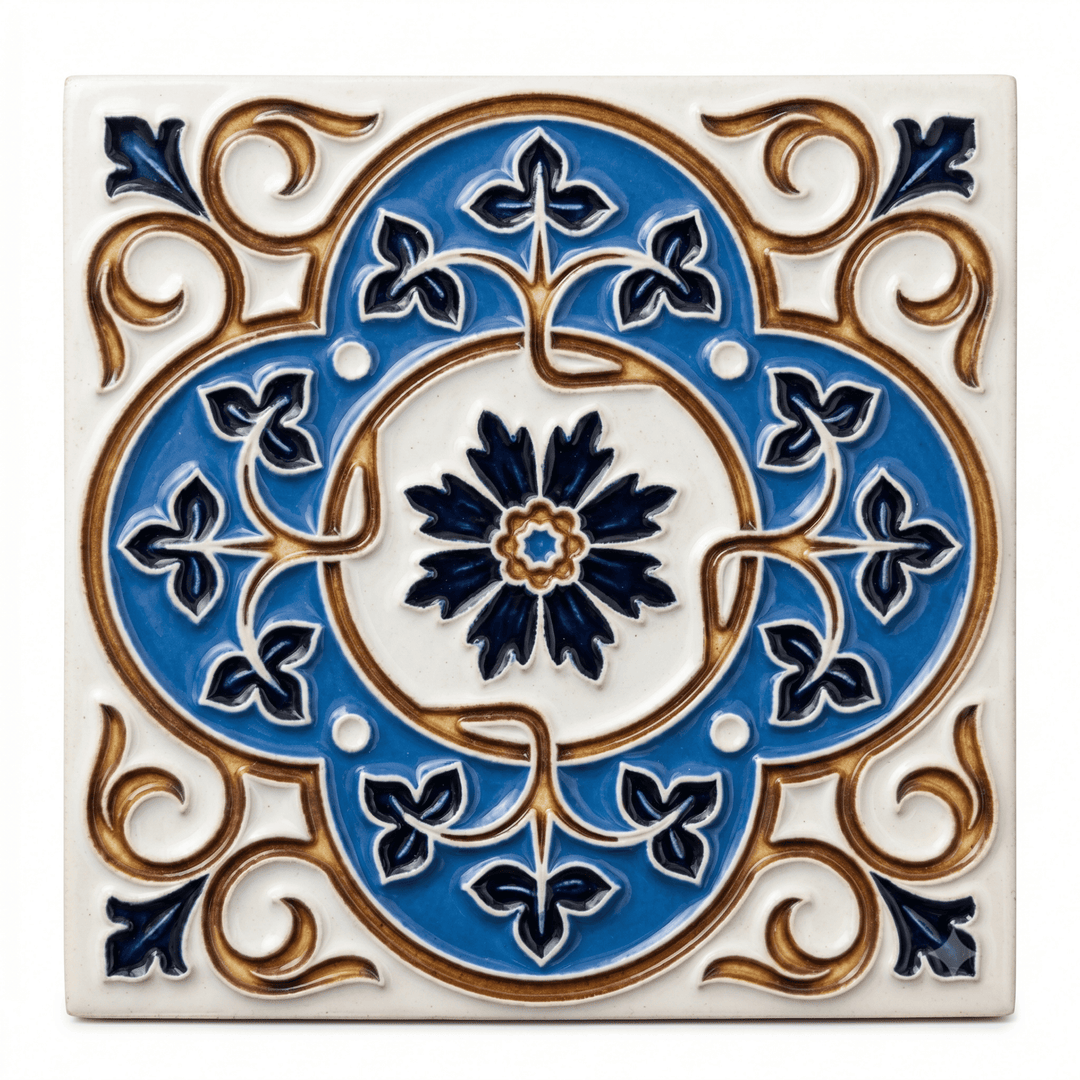 Decorative tile with blue and gold floral design on a white background