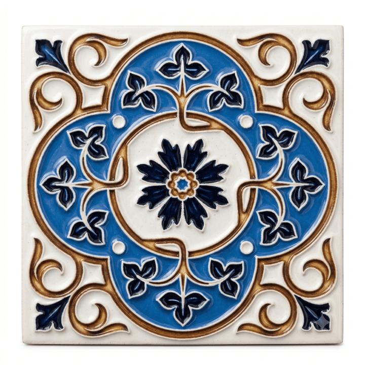 Decorative tile with blue and gold floral design on a white background