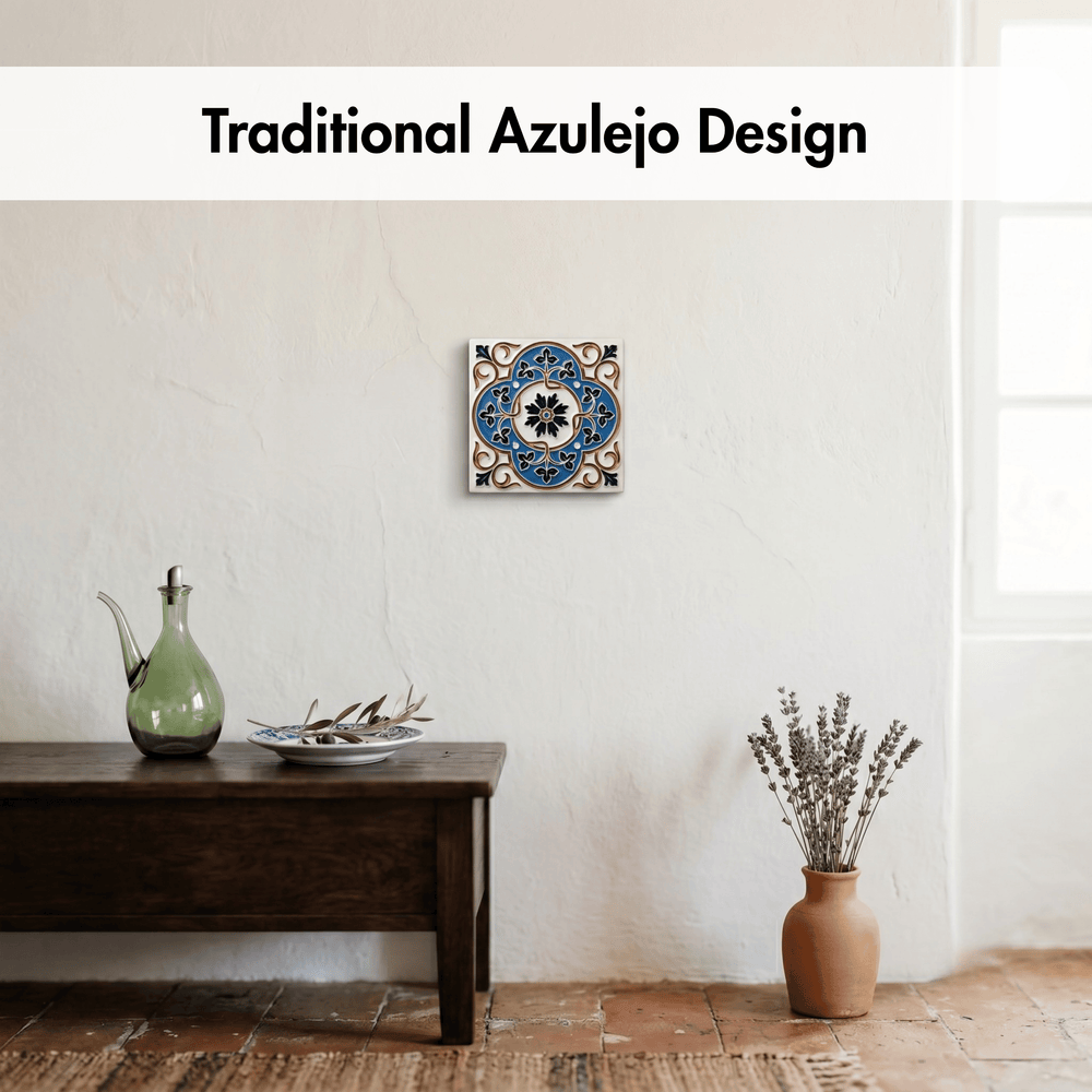 Traditional Azulejo design tile on a wall in a room with a wooden table and decorative items.