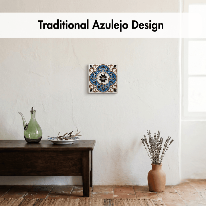 Traditional Azulejo design tile on a wall in a room with a wooden table and decorative items.