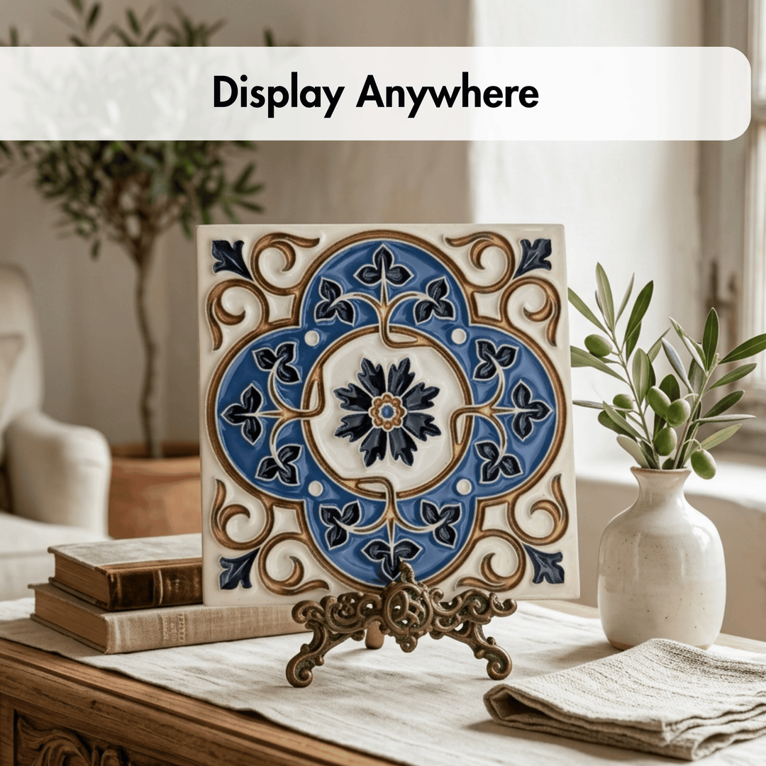 Decorative tile with intricate design on a stand in a home setting