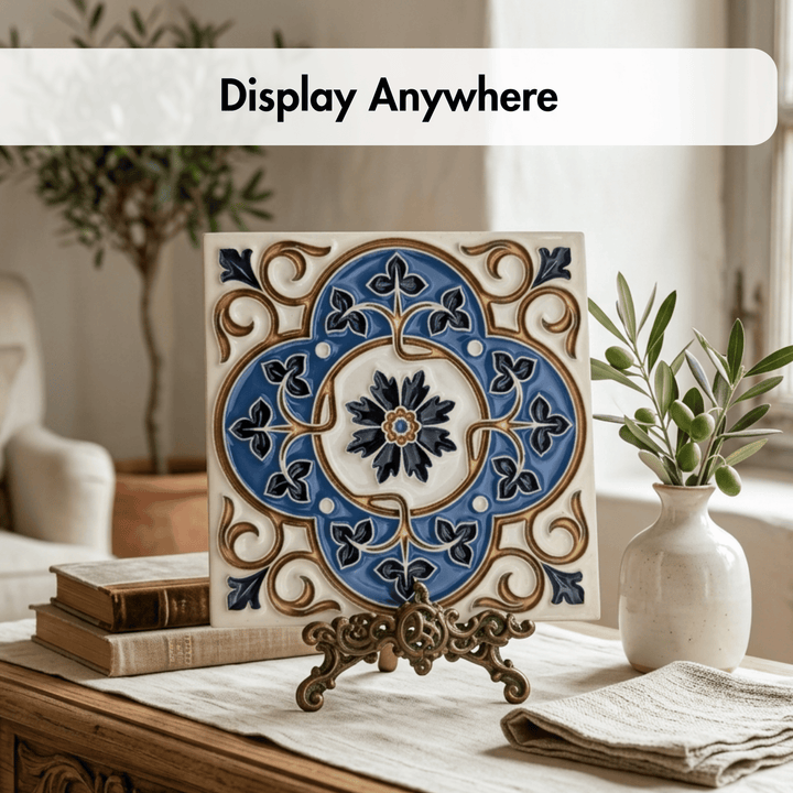 Decorative tile with intricate design on a stand in a home setting